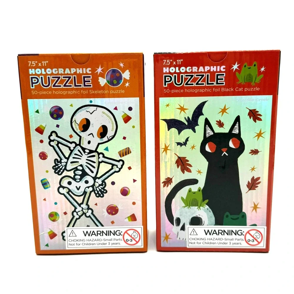 Crocodile Creek set of Two Holographic 50pc Puzzles Halloween Theme Skeleton Cat